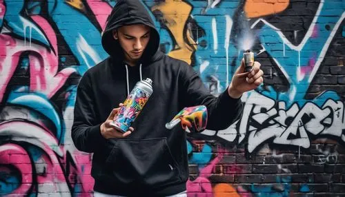 Graffiti artist, young adult, male, streetwear, ripped jeans, black hoodie, white sneakers, spray paint can in hand, creating vibrant graffiti art on a city wall, urban landscape, gritty texture, bold