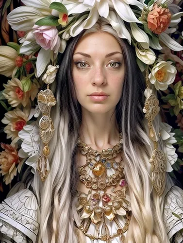 elven flower,fantasy portrait,flower crown of christ,girl in a wreath,baroque angel,laurel wreath,wreath of flowers,priestess,flowers png,headdress,the angel with the veronica veil,floral wreath,golden wreath,girl in flowers,mystical portrait of a girl,white lady,kahila garland-lily,flora,russian folk style,mary-gold