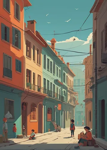 istanbul,venezia,street scene,lisbon,warm colors,old havana,narrow street,havana,porto,old city,izmir,the street,colorful city,venetian,digital nomads,old town,hanoi,galata,neighborhood,kathmandu,Illustration,Vector,Vector 05