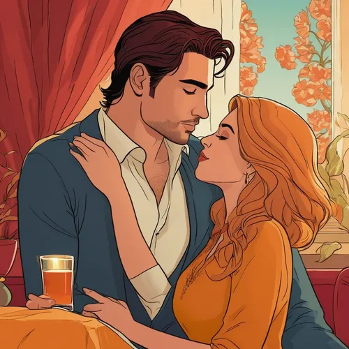 honeymoon,romantic portrait,romance novel,young couple,serenade,romantic scene,engagement,game illustration,rosa ' amber cover,pda,vintage man and woman,valentin,french valentine,romantic rose,coffee tea illustration,aperol,david-lily,tangled,loving couple sunrise,warm colors,Illustration,American Style,American Style 12