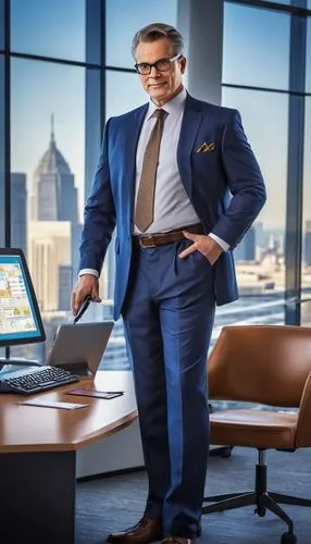 Middle-aged man, mature, enterprise architecture consultant, standing, confident posture, black framed glasses, short brown hair, clean shaved face, white dress shirt, dark blue suit, silver tie clip,