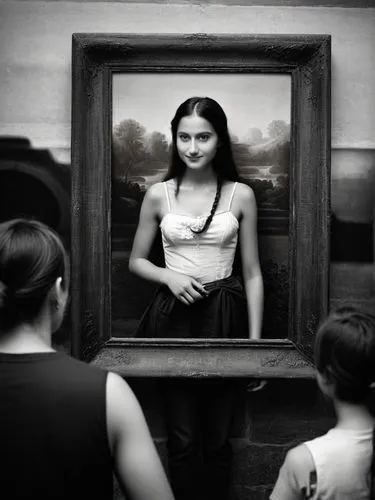 If possible, the girl should give the typical Mona Lisa smile towards the viewer.,a painting shows a girl in a tank top, standing before two other girls,tintype,doll looking in mirror,pictorialism,mon