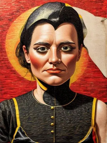 Portrait of a woman, woodcut by Manfred Degenhardt,a painting with a woman's face painted on it,molko,jasinski,szyk,aoc,frida,ocasio