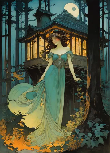 mucha,fireflies,fairy tale,fairy tales,a fairy tale,fairy lanterns,faerie,the night of kupala,fairytales,children's fairy tale,vintage illustration,fairy tale character,rusalka,light of night,enchanted,art nouveau,fairy queen,faery,yellow garden,witch house,Illustration,Retro,Retro 03