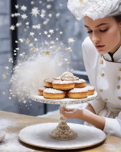 In a magical realm, a baker wakes up to create enchanting pastries with a sprinkle of fairy dust.,icing sugar,pastry chef,gingerbread maker,royal icing,christmas pastry,confectioner sugar,powdered sug