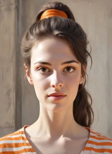 (normal ideal human proportions, mature face, real human proportions)(long shoulderlong hair, brunette, low loose ponytail, ponytail, visible forehead)(emerald eyes)(medium buxom)(inquisitive expressi