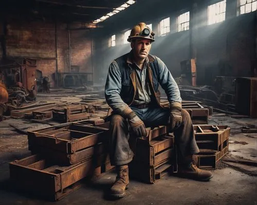 Abandoned factory, industrial background, rusty metal beams, old brick walls, broken windows, wooden crates, vintage machinery, distressed concrete floor, dim lighting, atmospheric fog, cinematic comp