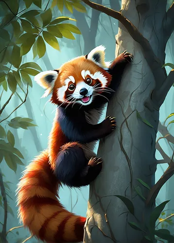 red panda,ring-tailed,mustelid,bamboo,little panda,rocket raccoon,raccoon,forest animal,forest background,hanging panda,north american raccoon,mustelidae,cute fox,baby panda,lemur,anthropomorphized animals,tamarin,panda,little fox,skunk,Illustration,Black and White,Black and White 08