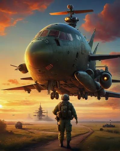 Imagine a peaceful sunrise as an air force pilot takes off for a mission.,boeing ch-47 chinook,game illustration,military transport aircraft,ground attack aircraft,northrop grumman,airships,lockheed c