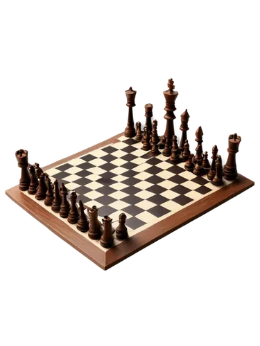 Chessboard, wooden material, intricate carvings, brown color, 3D realistic, high angle shot, dramatic lighting, shallow depth of field, warm tone, vintage style, ornate pieces, kings, queens, rooks, b