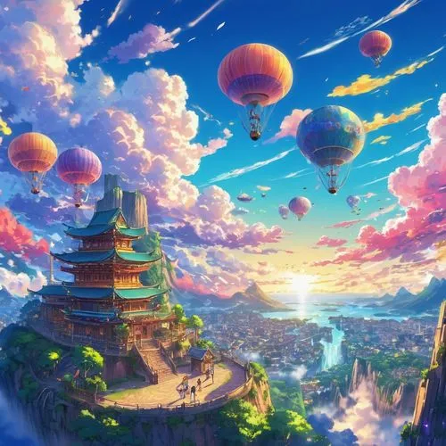 hot-air-balloon-valley-sky,fantasy world,meteora,dream world,fantasy landscape,fantasy city,violet evergarden,3d fantasy,futuristic landscape,sky city,world wonder,fairy world,other world,fantasy picture,sky apartment,sky,bird kingdom,world digital painting,new world,skyflower,Illustration,Japanese style,Japanese Style 03