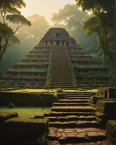 Mayan temple, ancient Mesoamerican structure, stepped pyramid, intricate stone carvings, jungle surroundings, lush green foliage, vines crawling up walls, moss-covered stones, crumbling ruins, mysteri