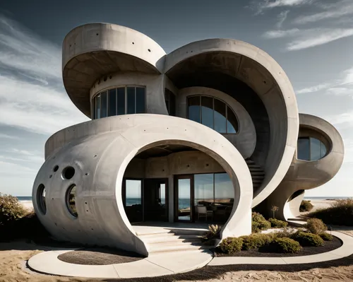 a Concrete beach house shaped like a Steampunk Mobius Spiral with earthy tone and mobius landscaping,dunes house,futuristic architecture,modern architecture,cubic house,helix,crooked house,archidaily,