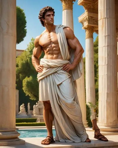 Logan-like muscular man, classic Greek god-inspired architecture, grandiose columns, intricately carved marble details, majestic stone statues, ornate fountain at the center, lush greenery surrounding