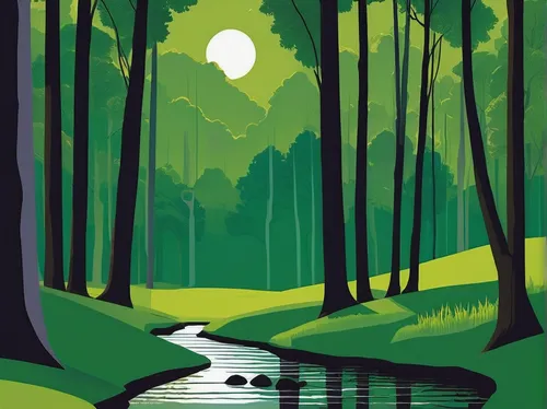 Create a serene landscape using Frutiger for a tranquil poster.,swampy landscape,birch tree illustration,forest background,forest landscape,green forest,travel poster,riparian forest,background vector