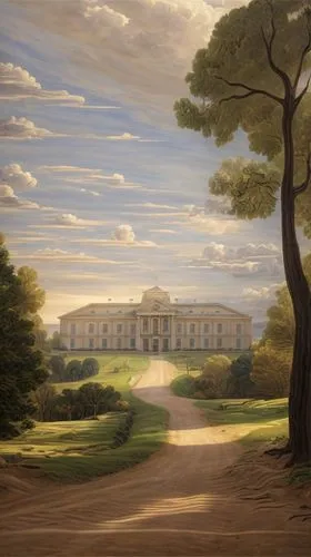 18th century Landscape oil painting with palace, with a dirt road leading to the palace, Jacques-Louis David oil painting,villa borghese,aventine hill,villa farnesina,villa cortine palace,schönbrunn c