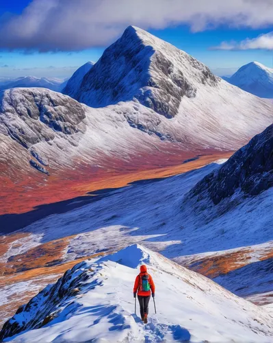 A female walker approaching the summit of Stob Dubh on Buchaille Etive Beag on a crisp winter day, Highlands, Scotland, United Kingdom, Europe,glencoe,scottish highlands,snowy mountains,scotland,ski m