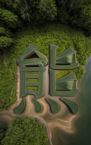 hydropower plant,floating huts,eco hotel,house with lake,sewage treatment plant,artificial island,eco-construction,military fort,feng shui golf course,hydroelectricity,house in mountains,3d rendering,house in the forest,inverted cottage,japanese zen garden,huts,golf resort,houseboat,aquaculture,tree house hotel,Realistic,Landscapes,Verdant