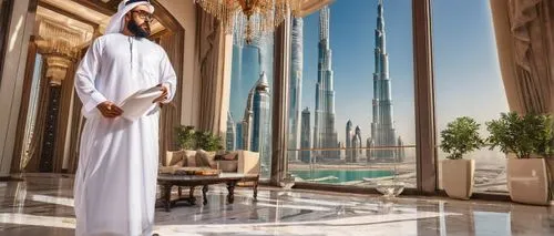 Arabic architect, mature man, 40yo, elegant beard, glasses, white dishdasha, traditional UAE clothing, holding blueprints, standing, Dubai skyscraper, Burj Khalifa, luxurious interior design, marble f