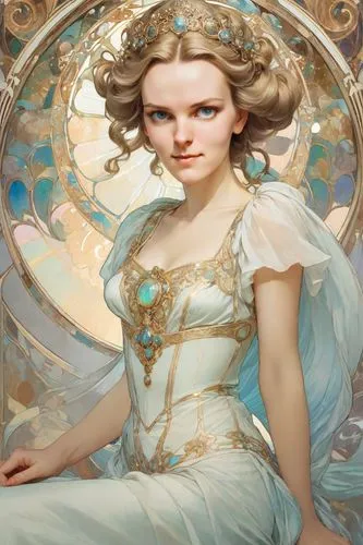 baroque angel,fantasy portrait,mucha,art nouveau,cinderella,mystical portrait of a girl,art nouveau frame,the angel with the veronica veil,faery,art nouveau design,white rose snow queen,fairy tale character,fairy queen,the snow queen,fae,virgo,white lady,fantasy art,angelica,art nouveau frames,Photography,Realistic