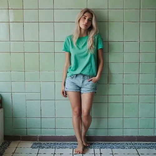 girl in t-shirt,in shorts,beautiful legs,blonde woman,isolated t-shirt,shorts,heather green,blonde girl,blond girl,bare legs,woman's legs,tshirt,looking through legs,bermuda shorts,women's legs,sexy legs,turquoise,color turquoise,dahlia white-green,teal,Photography,Documentary Photography,Documentary Photography 24