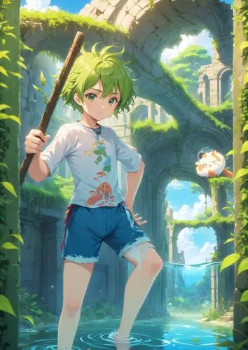 a girl in short shorts is holding a stick and posing,ranka,frog background,gumi,yuuka,saionji,sanae,saria,green summer,sonika,midori,mion,enkidu,lilly of the valley,frog prince,tiki,midorikawa,nino,ta