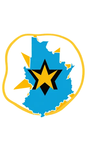 West Virginia logo, golden yellow circle, blue silhouette of state map, white five-pointed star, bold black font "Wild and Wonderful", circular composition, flat design, modern style, glossy effect, t