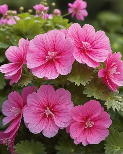 Describe a peaceful garden scene with a pink geranium in full bloom.,geranium pink,pink geranium,geranium maderense,pink begonias,geranium sanguineum,geraniums,geranium,japanese anemones,geranium cine