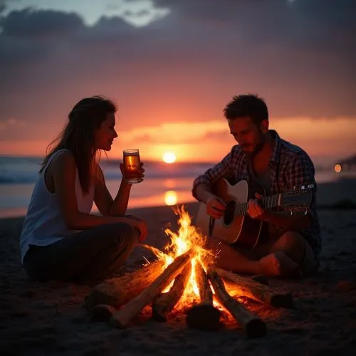 Full body immagine of a young woman with brown hair and a mature man enjoying drinking beer and playing chitarre sitting around a fire on the beach, looking on camera, sunset with thousand colors in t