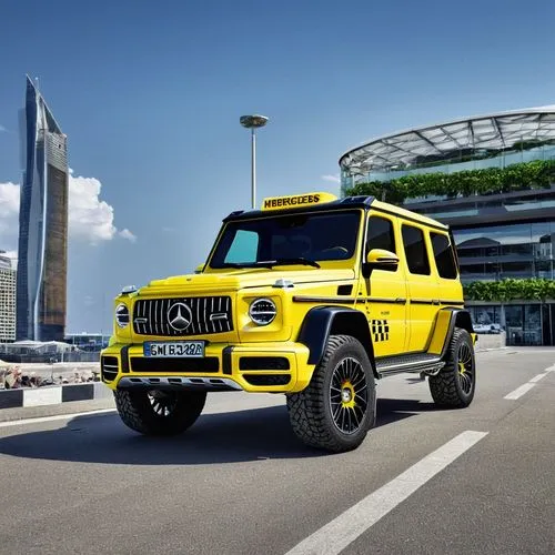 mercedes taxi g63,the mercedes g class is a yellow, off - road vehicle with four wheels and tires,brabus,yellow jeep,schmelzer,vitesse,bluetec,bilstein