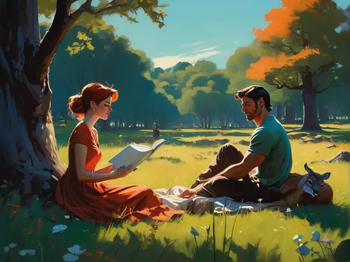 picnic,romantic scene,idyll,summer evening,idyllic,romantic portrait,young couple,autumn idyll,game illustration,world digital painting,girl and boy outdoor,digital painting,summer day,one autumn afternoon,serenade,picnic basket,on the grass,romantic meeting,painting technique,cg artwork,Conceptual Art,Oil color,Oil Color 04