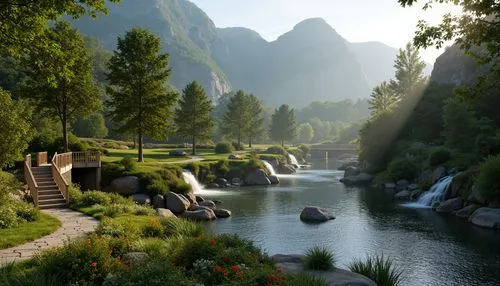 rivendell,fantasy landscape,river landscape,riftwar,landscape background,mountain spring,riverwood,gondolin,beautiful landscape,mountain village,mountain valley,cryengine,nature landscape,alpine village,mountainous landscape,mountain settlement,mountain landscape,green valley,salt meadow landscape,scenic bridge