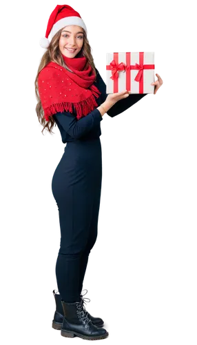 Christmas girl, winter outfit, festive hat, red scarf, snowflake patterned boots, holding gift box, sparkly eyes, rosy cheeks, soft focus, warm lighting, 3/4 composition, shallow depth of field, paste