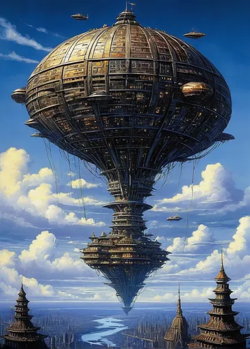 airships,airship,futuristic landscape,heliosphere,panopticon,artificial island,sci fiction illustration,planet eart,futuristic architecture,the globe,globe,sky space concept,very large floating structure,alien planet,alien ship,floating island,utopian,science fiction,flying saucer,scifi,Illustration,Realistic Fantasy,Realistic Fantasy 33