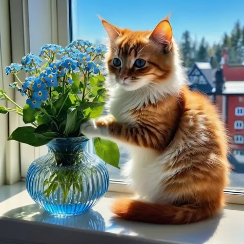 flower cat,cat on a blue background,beautiful girl with flowers,hydrangea,flower animal,blossom kitten,hydrangeas,norwegian forest cat,windowsill,kalanchoe,with a bouquet of flowers,basil,spring bouquet,flower bowl,holding flowers,flower arranging,blue hydrangea,flower vase,forget-me-not,fine flowers,Illustration,Realistic Fantasy,Realistic Fantasy 14