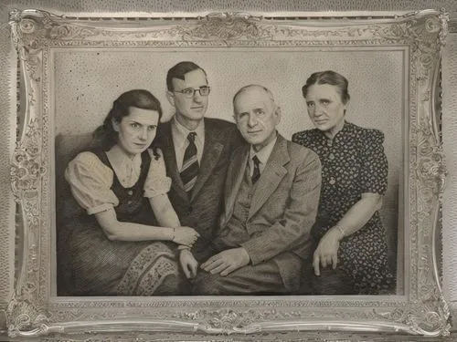 Delicate pencil drawing: A German family at end of WW2. Left to right: 23-y-o daughter, 24-y-o son, 62-y-o father, 52-y-o mother.,tintype,tintypes,ambrotype,mother and grandparents,grandfathers,heuvel