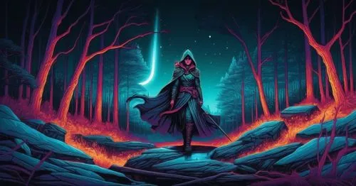 a painting of a person standing in a forest,oscura,necromancer,grimm reaper,underdark,oxenhorn,forest dark,Illustration,Realistic Fantasy,Realistic Fantasy 25