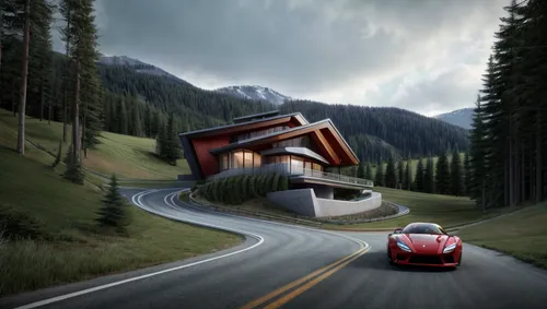 alpine drive,3d car wallpaper,mountain highway,scuderia,mountain road,mountain pass,underground garage,3d rendering,cartoon video game background,steep mountain pass,alpine style,house in the mountain