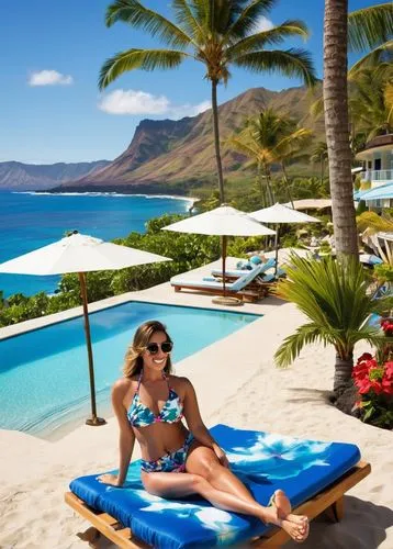 Hollywood Hawaiian Hotel, luxury resort, tropical island, sunny day, palm trees swaying gently, colorful Hibiscus flowers, bright blue pool water, lounge chairs, beach balls, surfboards, fitness model