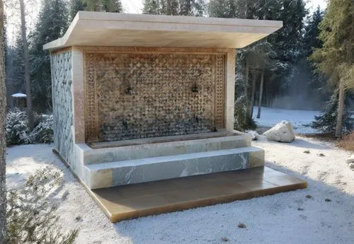 in the forest, antique fountain, blasting stone, marble coating, marble motif, decorative marble elements, shaped marble pieces,,a fountain in a park with snow all around,crematorium,columbaria,mikvah