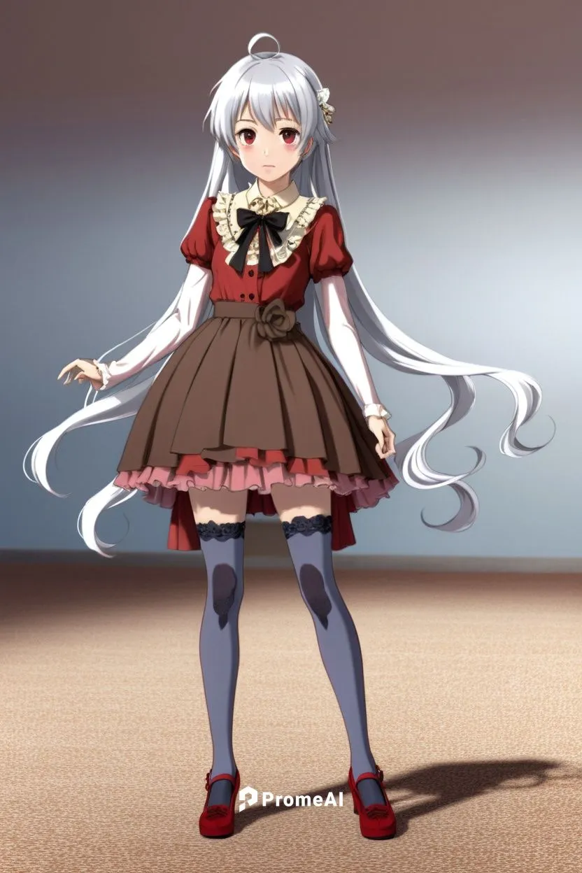 photo, photo realiism, girl, long hair, white hair, red eyes, red dress, cream blouse, brown skirt, ruffled skirt, black stockings, red shoes, plain background,takane,keine,peko,futo,chaika,yagyu,chiy