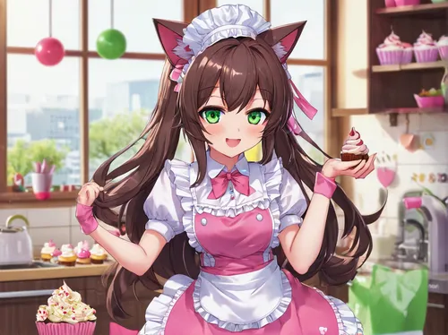 honmei choco,miku maekawa,barista,cooking chocolate,cocoa,chocolatier,waitress,mikuru asahina,cat's cafe,cat ears,apron,confectioner,doll kitchen,tea party cat,mocaccino,maid,cat coffee,azuki bean,domestic long-haired cat,cupcake background,Illustration,Vector,Vector 17