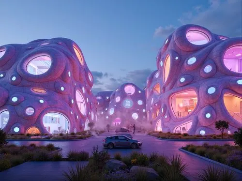 Vibrant blob-shaped buildings, iridescent colors, glowing neon lights, futuristic architecture, curved lines, amoeba-inspired designs, soft pastel hues, metallic accents, holographic effects, shimmeri