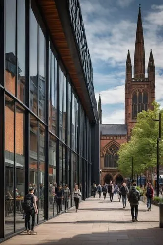 Leicester cityscape, modern architectural design, sleek glass facade, steel beams, urban setting, bustling streets, people walking, Leicester Cathedral in the background, cloudy sky, soft natural ligh