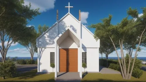 an artist's rendering of a white church with trees around,island church,wooden church,pilgrimage chapel,little church,church faith,archconfraternity,Photography,General,Realistic