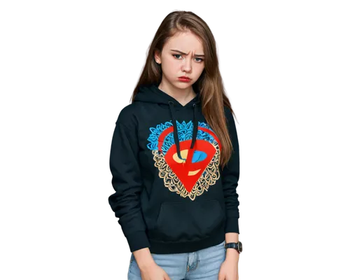 Angry and sad girl, solo, (18yo), frustrated expression, tears in eyes, messy brown hair, light makeup, eyeliner, pale skin tone, red lips, casual clothing, torn jeans, black hoodie, sneakers, standin