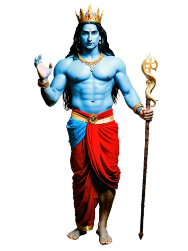 Lord Shiva, Hindu god, muscular male, blue skin, third eye on forehead, long black hair, golden crown, snakes around neck, sacred thread, red attire, dhoti, bare chest, strong legs, sandals, Trident i