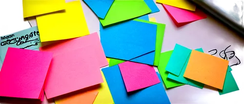 Colorful Post-it Notes, scattered, messy, on desk, various sizes, bright yellow, pink, blue, green, white, handwritten notes, scribbles, doodles, crumpled, folded, stuck together, soft lighting, shall