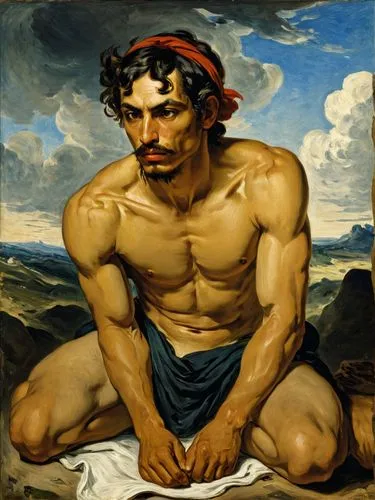 random,a man with  is sitting on a painting,delacroix,tiziano,manganiello,caravaggio,narciso,michelangelo,Art,Classical Oil Painting,Classical Oil Painting 08