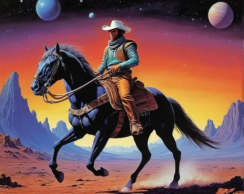 vaquero,filoni,pecos,rodeo,moebius,man and horses,ranger,western riding,horseman,prospector,vaqueros,pardner,conquistador,hondo,cowboy,westerns,sagittarius,barsoom,navajo,caballos,Conceptual Art,Sci-Fi,Sci-Fi 20